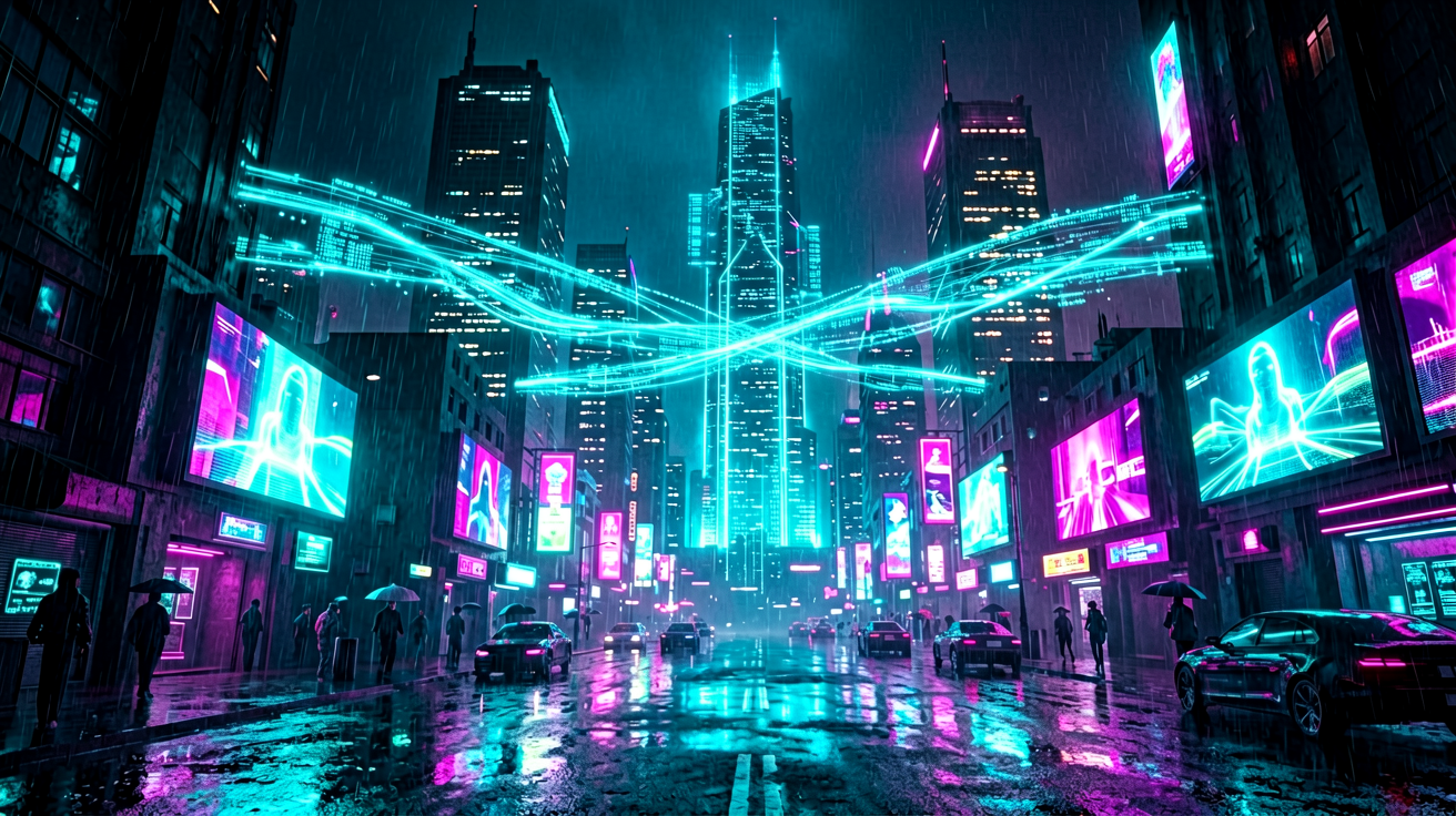 Cyberpunk AI cityscape at night, holographic data