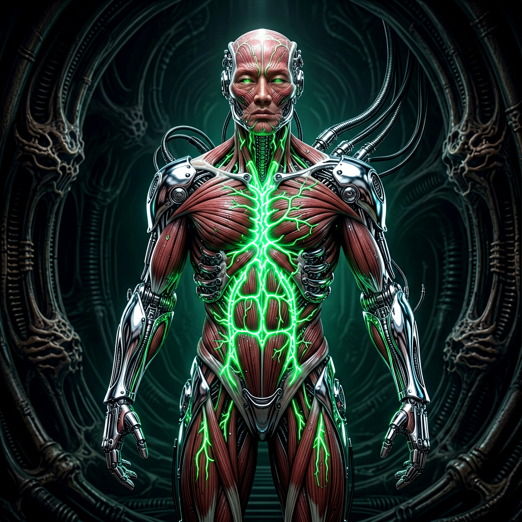 Biomechanical AI organism, fusion of organic muscl