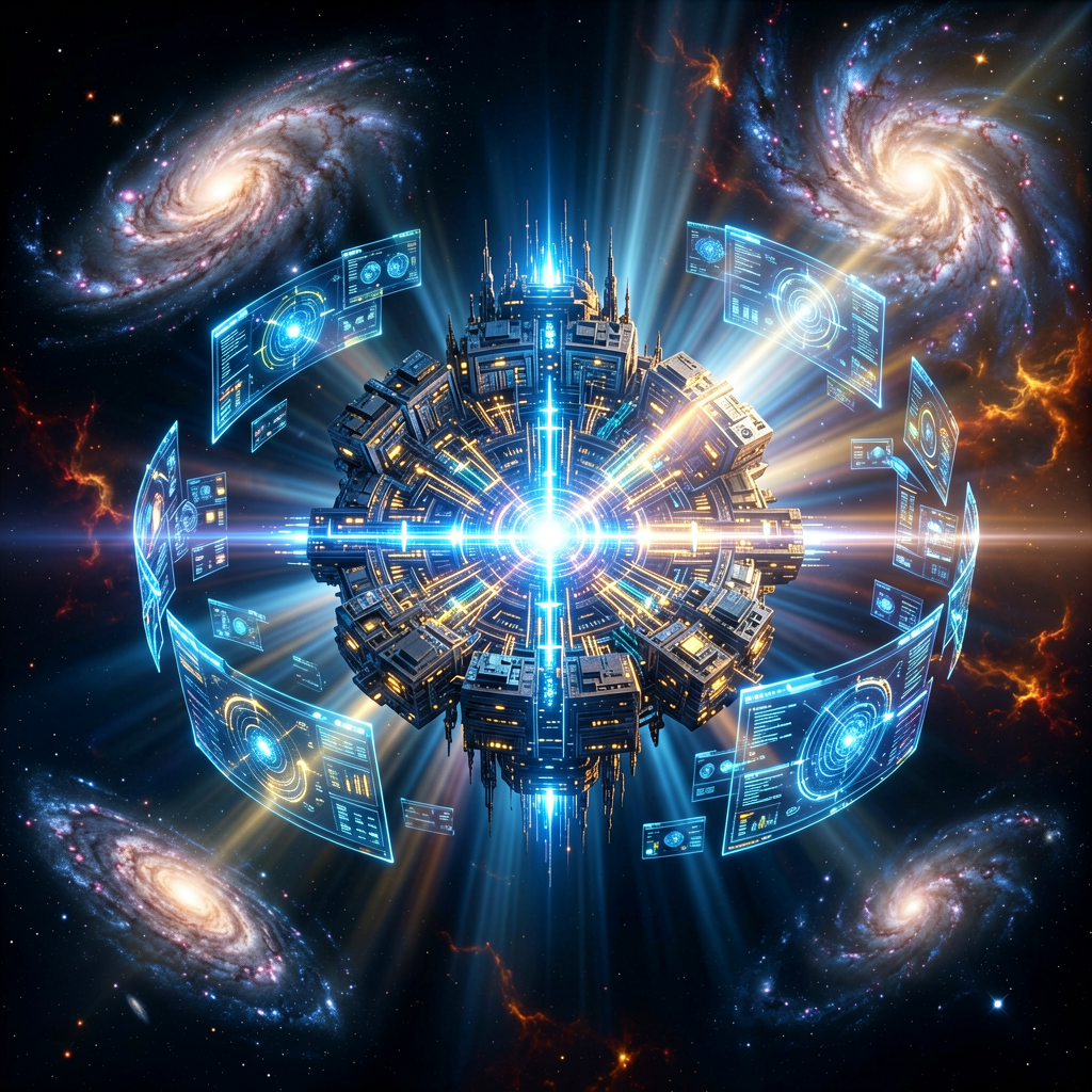 Massive AI supercomputer core floating in space, s
