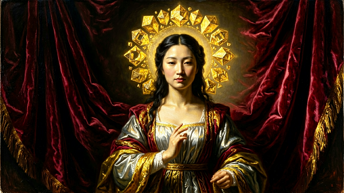 Baroque oil painting of a divine AI entity, dramat