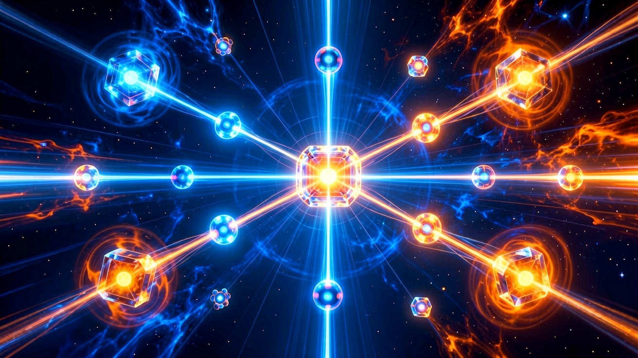 Quantum computing visualization, glowing qubits in