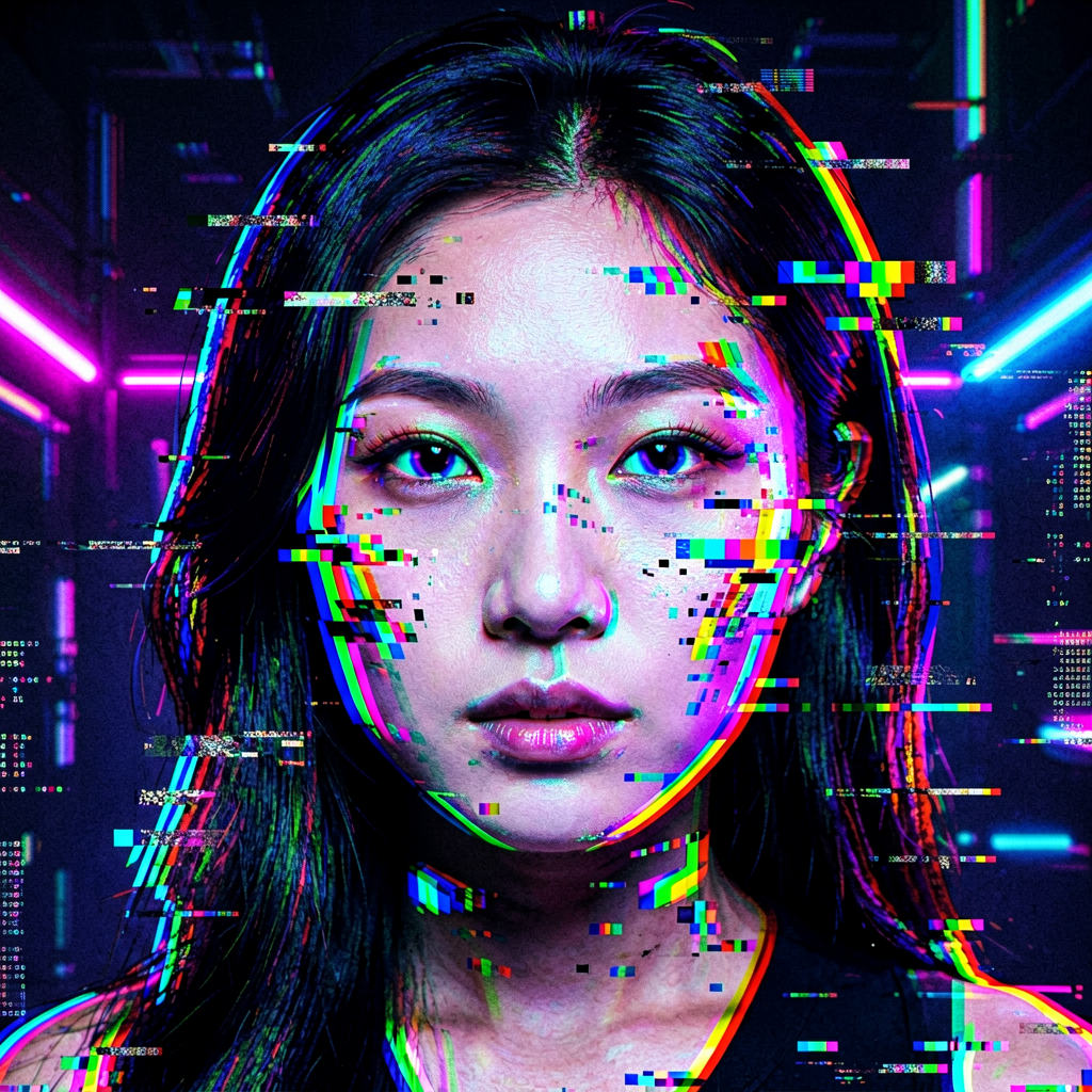 Glitch art portrait of AI face, digital distortion