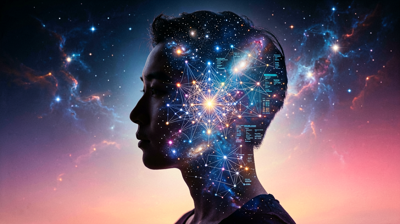 Double exposure artwork, silhouette of human head
