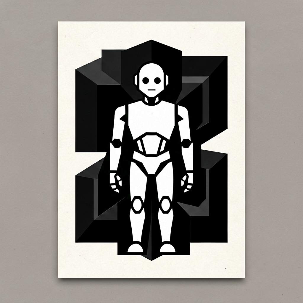 Clever negative space logo art, white AI robot sha