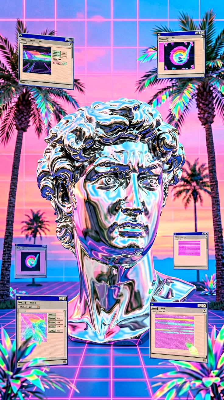 Vaporwave AI aesthetic, chrome statue head with Gr