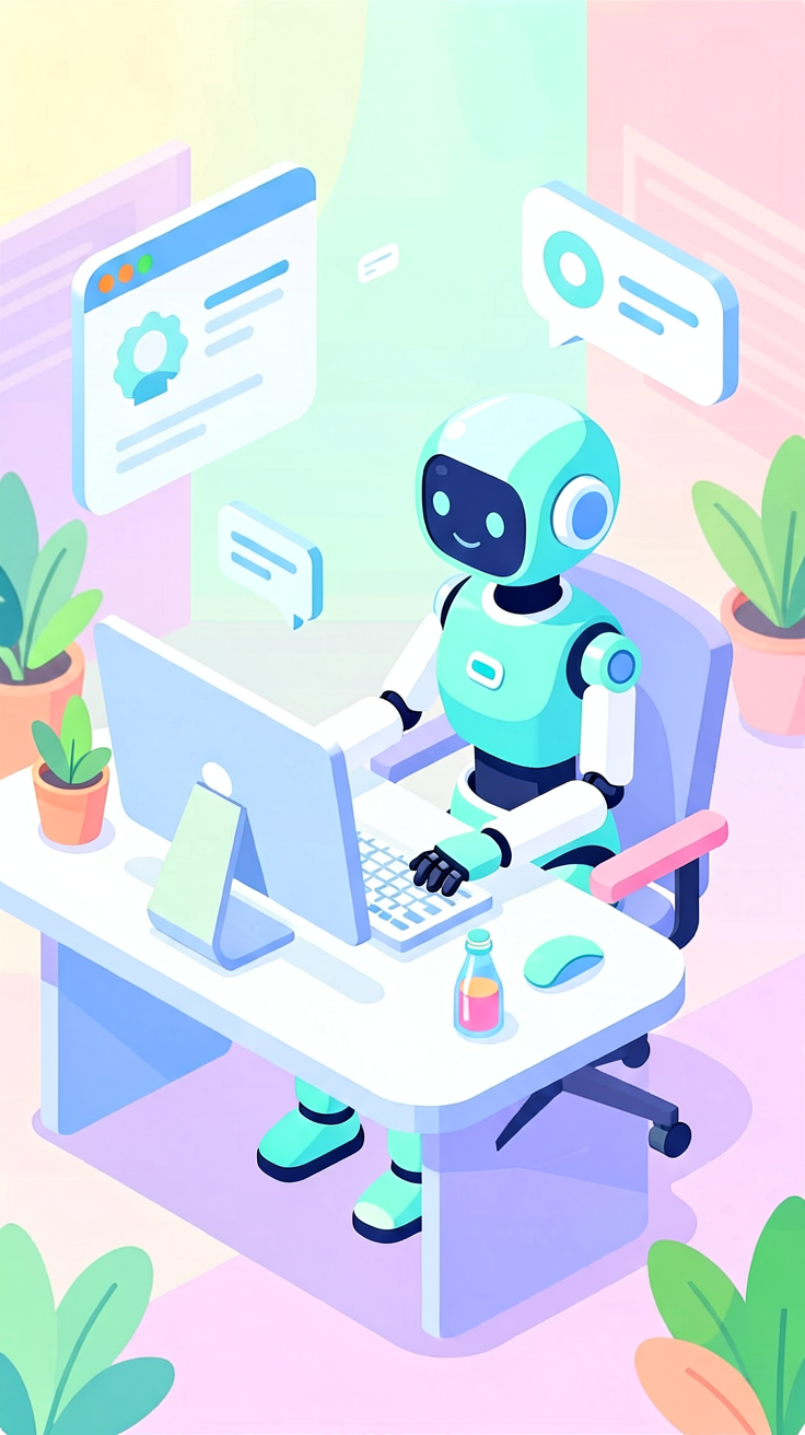 Isometric illustration of AI robot assistant worki