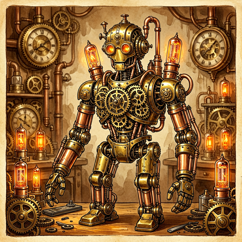 Steampunk AI automaton with brass gears and copper