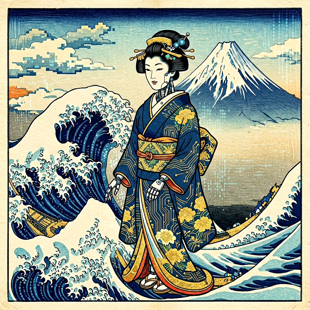 Ukiyo-e style woodblock print of artificial intell