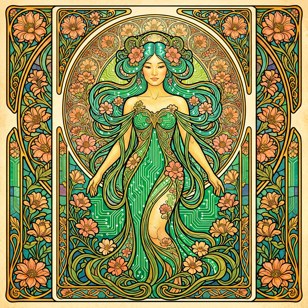 Art Nouveau poster of AI goddess, flowing organic