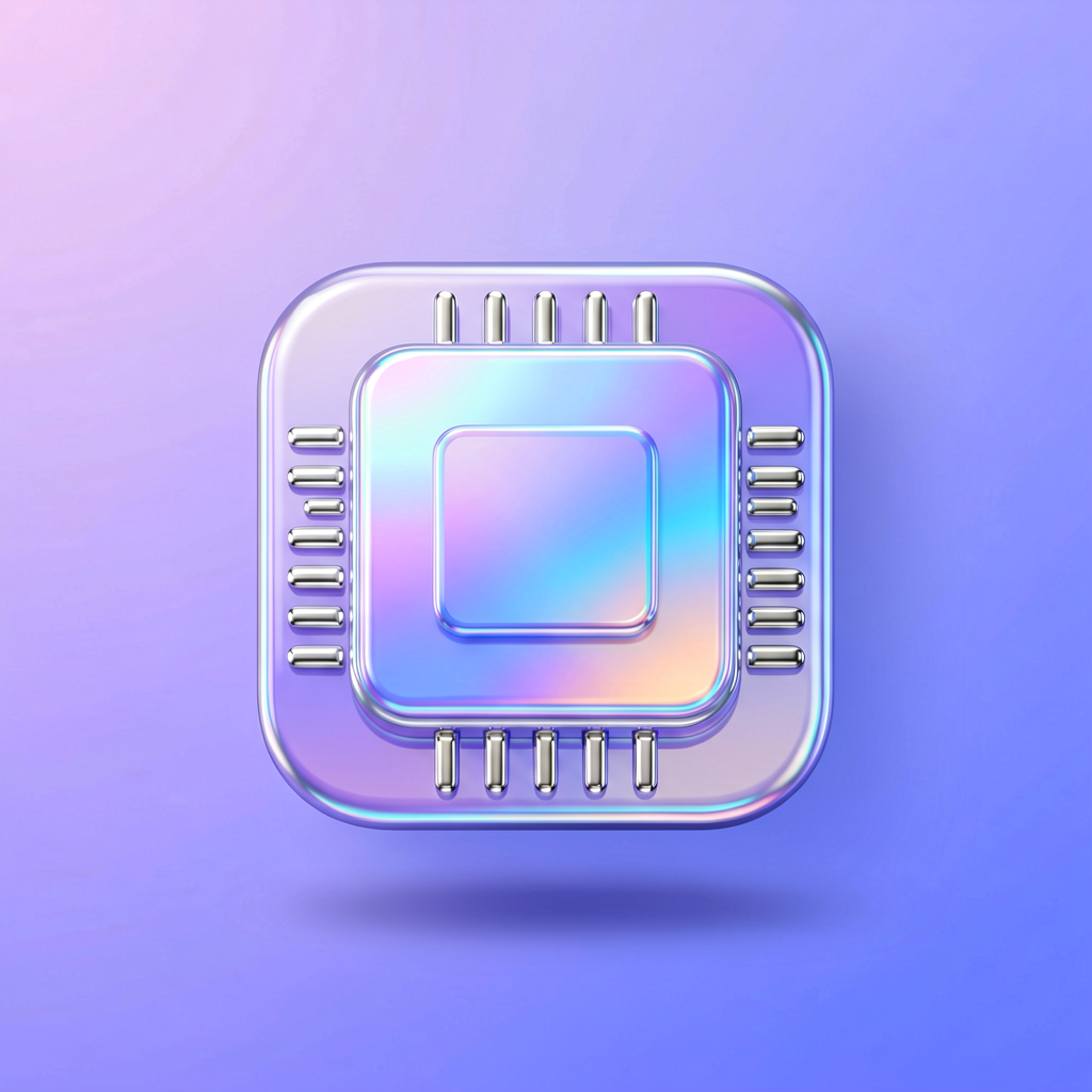 Glossy 3D AI chip icon, rounded corners, holograph