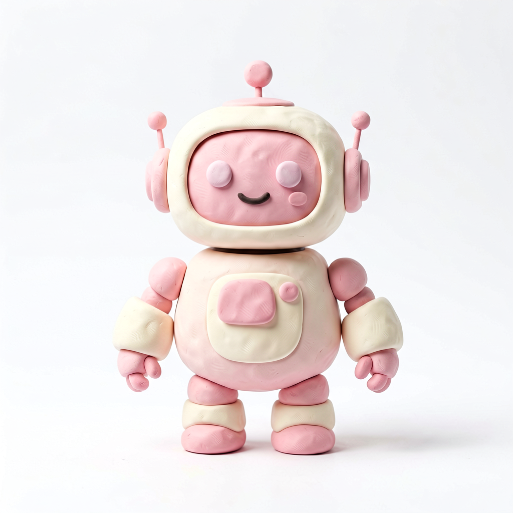 Cute claymation AI robot, soft matte clay texture,