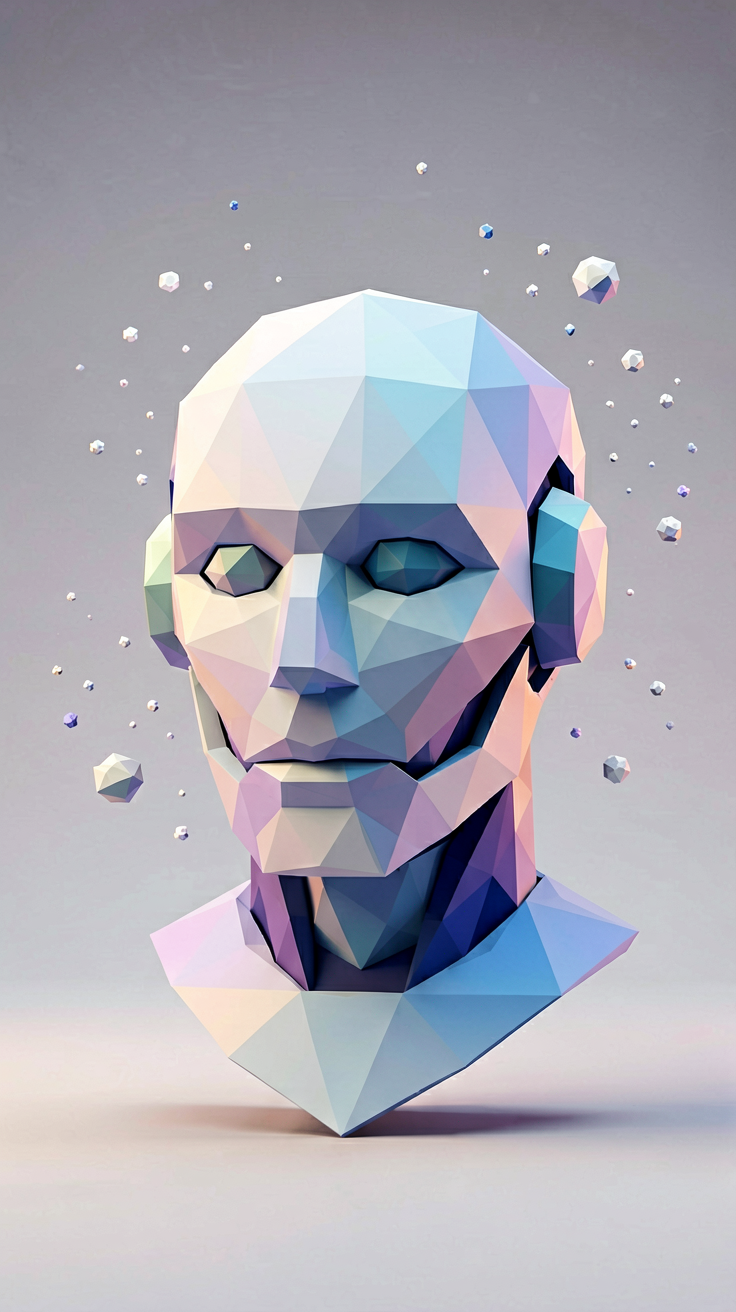 Low poly 3D robot head made of geometric triangles