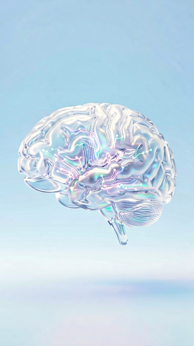 3D render of translucent glass brain with glowing