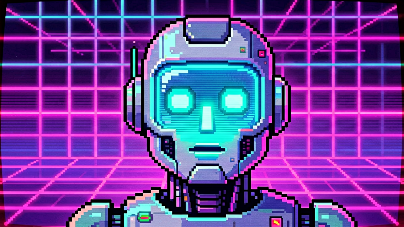 Retro-futuristic pixel art of AI robot head, synth