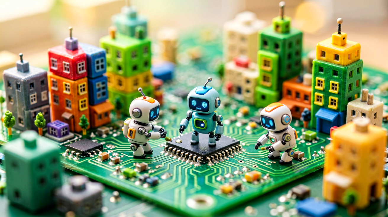 Tilt-shift miniature world of tiny AI robots worki
