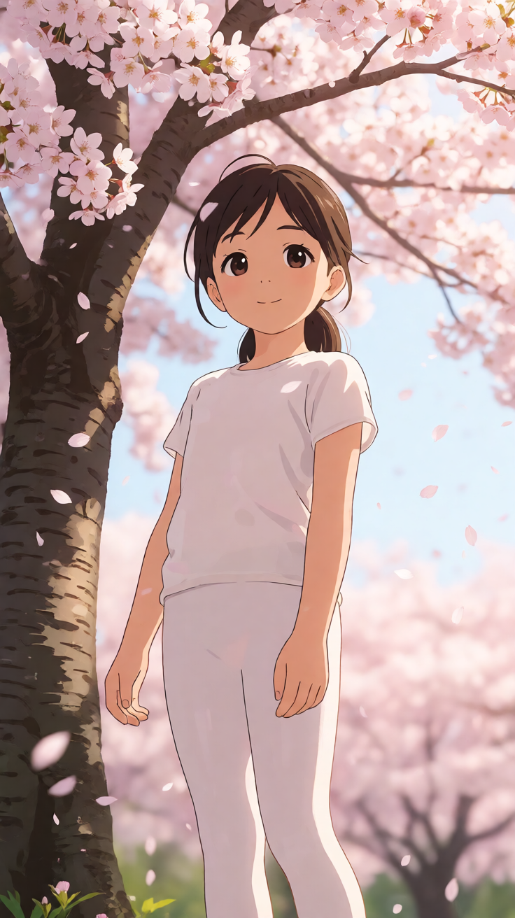 动漫风格的少女站在樱花树下，花瓣飘落，柔和光线，精美插画