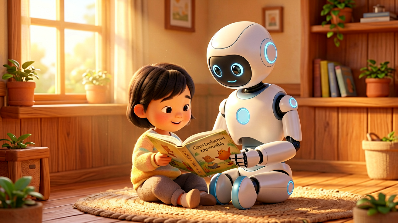 Warm cozy scene of AI companion robot reading book