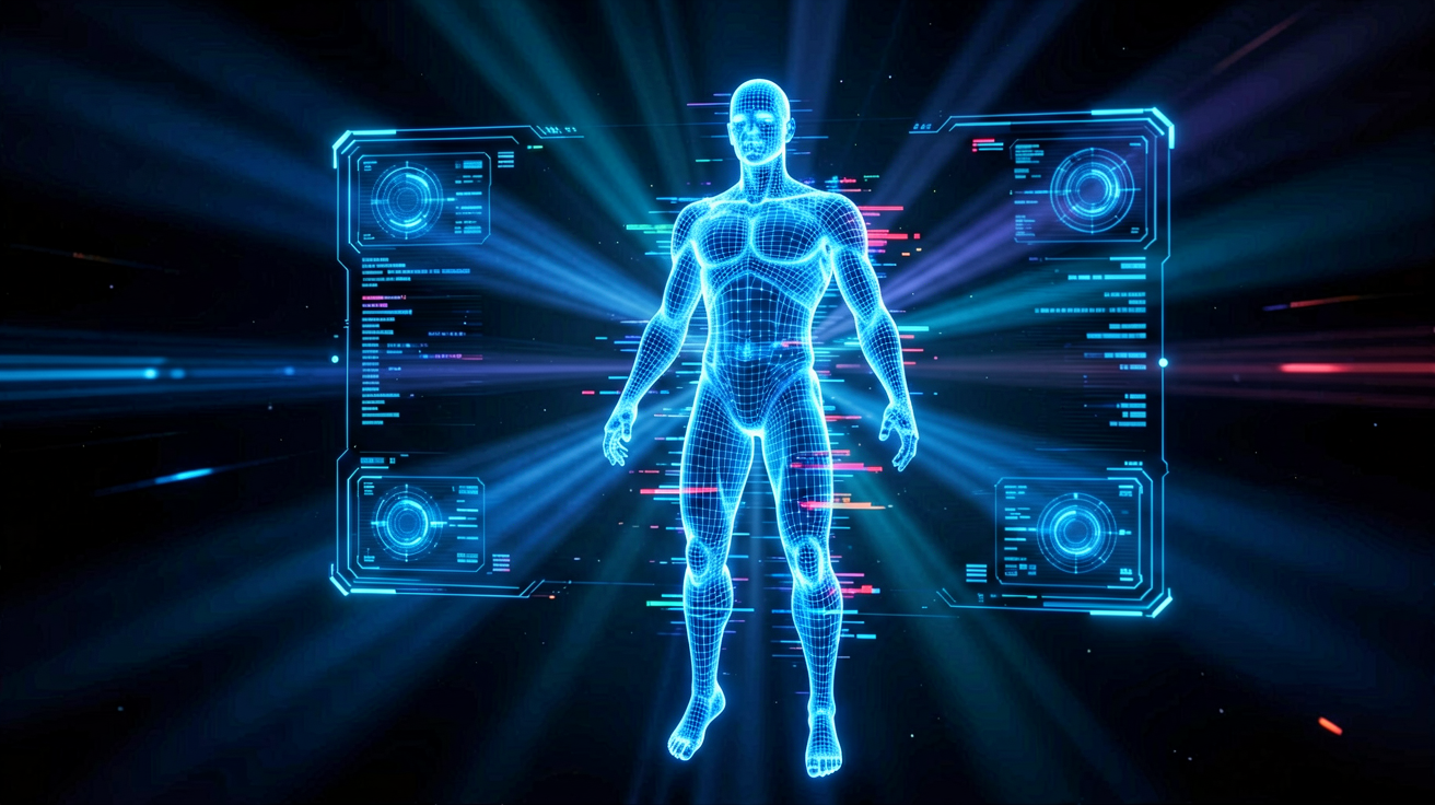 Holographic AI interface floating in dark void, tr