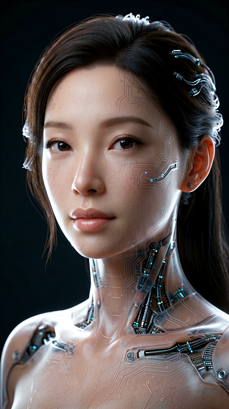 Portrait of elegant android woman with subtle circ